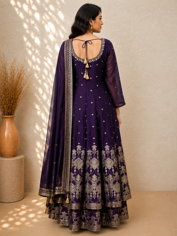 Amethyst Noor Formal Purple Crepe Thread-Embroidered Sharara Kurta Set