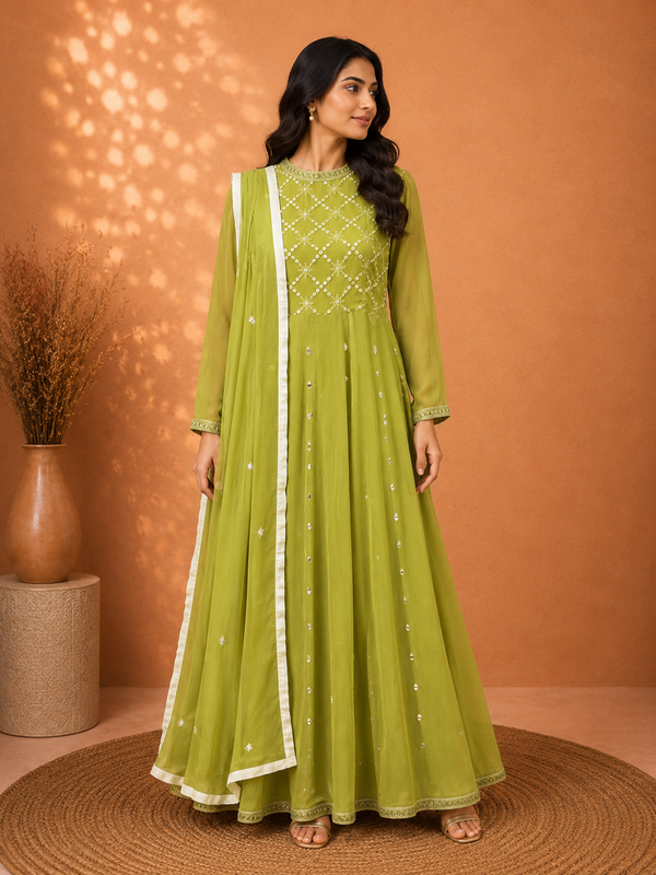 Harit Noor Leaf Green Georgette Floor-Length Anarkali Gown with Mirror-Work Embroidered Yoke