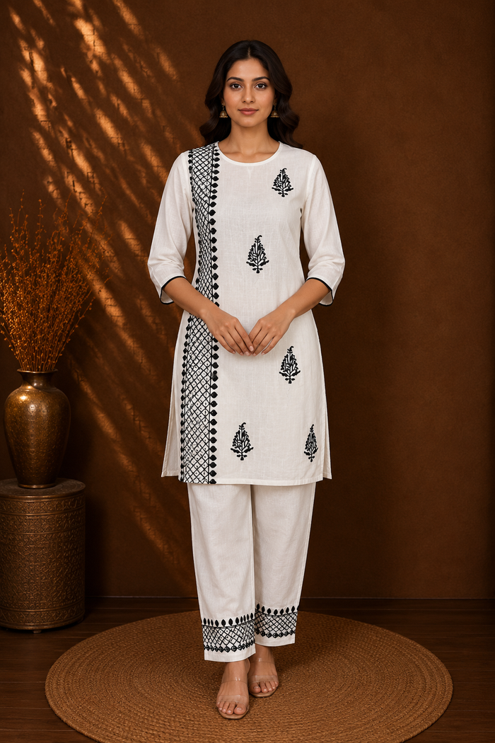 White Cotton Co-ord Set with Black Threadwork Embroidery on Front