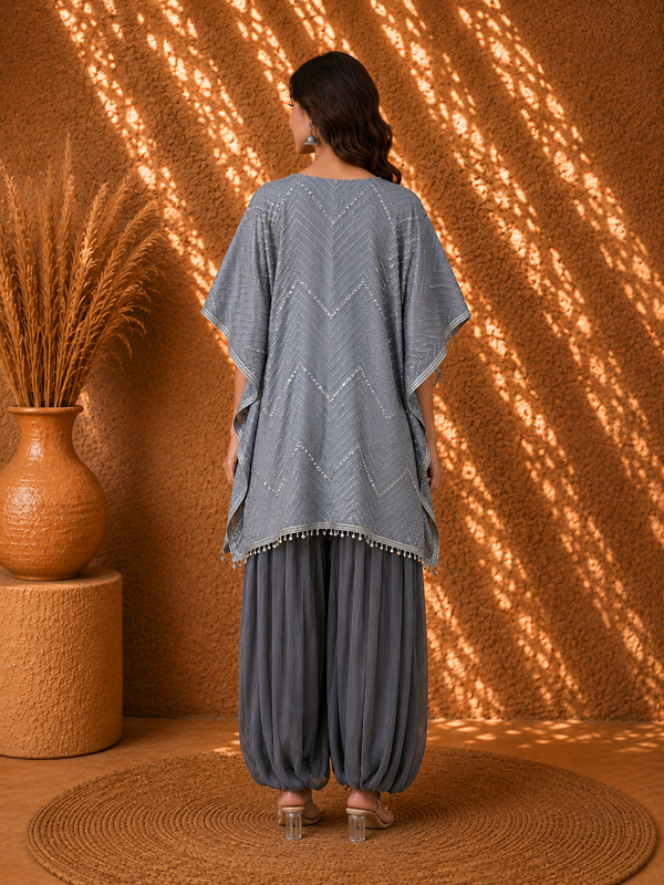 Nooré Silver-Grey Mirror-Embroidered Poncho Top with Satin Turkish Pants