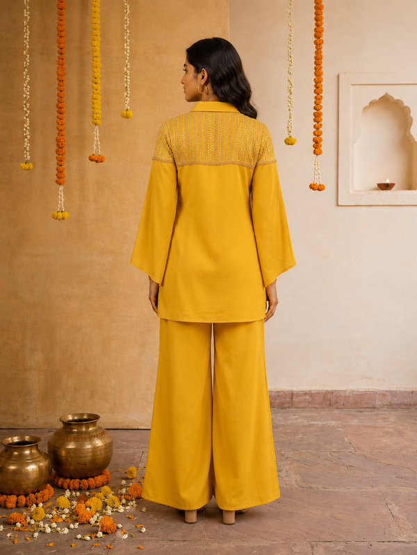 Sunehri Bloom Chrome Yellow Crepe Silk Indo-Western Co-ord Set with Hand-Embroidered Lace Yoke
