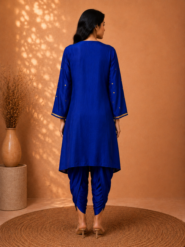 Neel Sona Royal Blue Crepe Dhoti Pant Set with Antique Gold Metallic Embroidery
