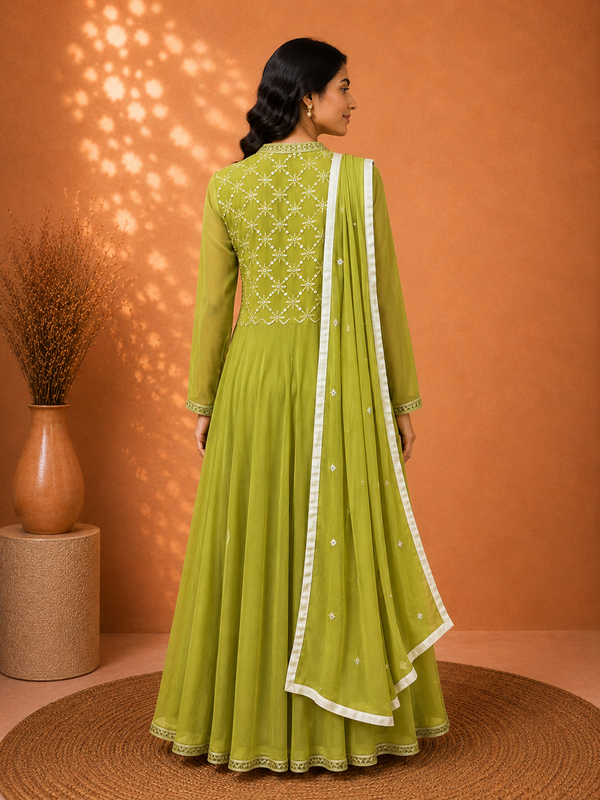 Harit Noor Leaf Green Georgette Floor-Length Anarkali Gown with Mirror-Work Embroidered Yoke