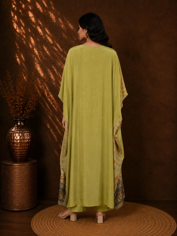 Digital Print Kaftan Pant Set in Crepe with Delicate Neck Embroidery