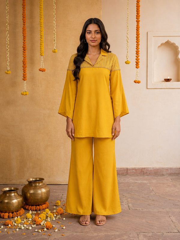 Sunehri Bloom Chrome Yellow Crepe Silk Indo-Western Co-ord Set with Hand-Embroidered Lace Yoke