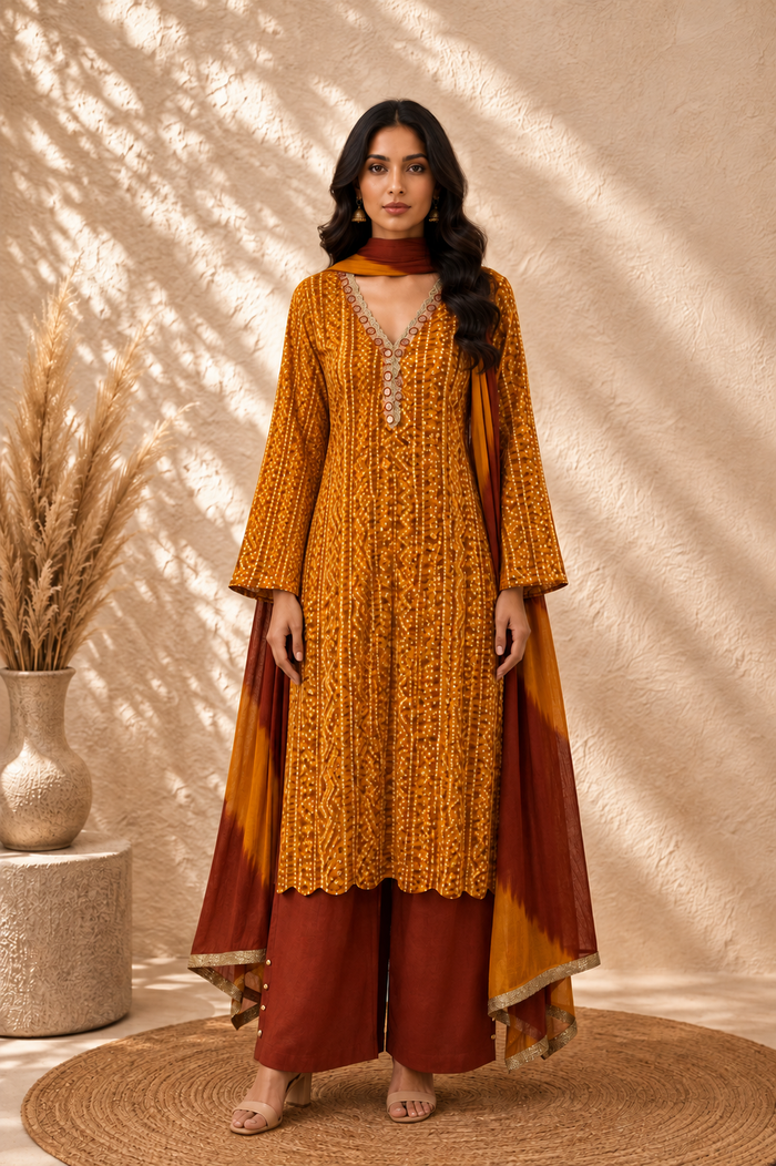 Bandhani Muslin Kurta Palazzo Set with Shaded Embroidered Dupatta