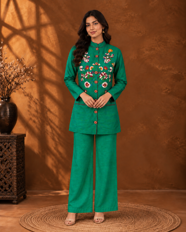 Emerald Green Raw Silk Jacket with Thread Embroidery & Maroon Satin Facings