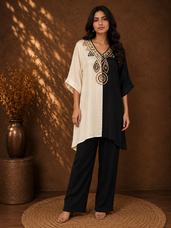 Black & White Color-Block Co-ord Set with Antique Gold Metalwork Embroidery