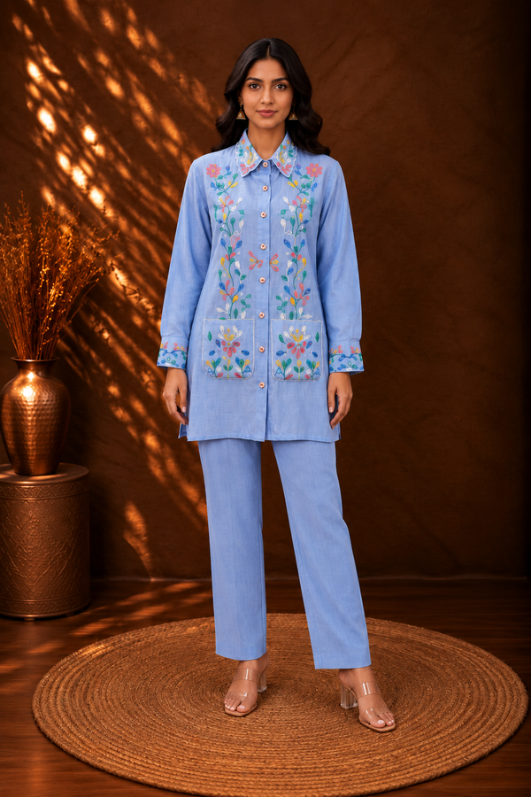 Light Denim Blue Shirt-Style Co-ord Set - front