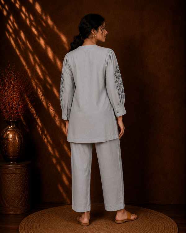 Silver Mist Silver-Grey Summer Co-ord Set with Delicate Embroidery