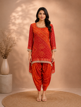 Rangrez Dhara Orange-Red Bandhani Tunic & Dhoti Pant Set with Gold Cutwork Detai - view 1