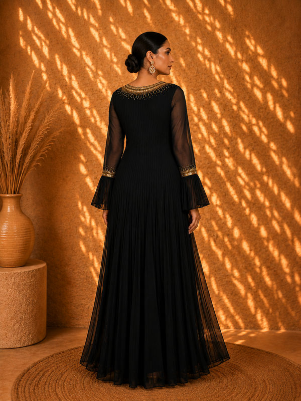 Zayra Noir Black Georgette Drape Gown with Arabic Tubework Embroidery