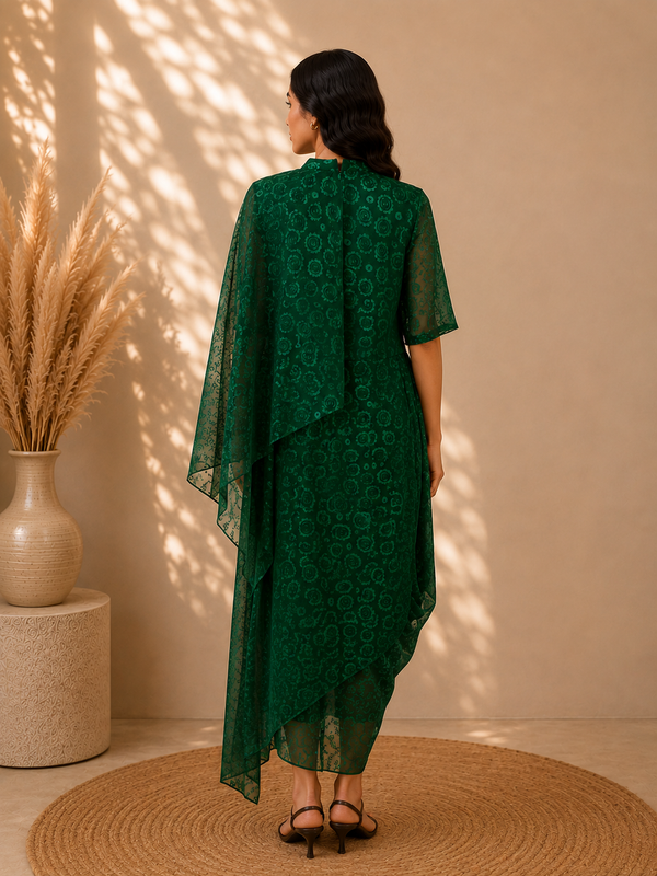Emerald Brass Indo-Fusion Asymmetrical Drape Dress – Ankle Length