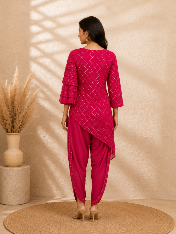 Fuchsia Mirror Embroidered Asymmetrical Kurta with Overlapping Dhoti Pants