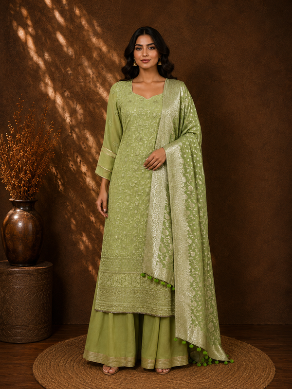 Embroidered Leaf Green Kurta Palazzo Set with Pure Woven Banarasi Dupatta