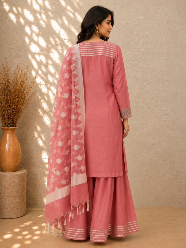 Onion Pink Muslin Palazzo Set with Pink Maheshwari Woven Dupatta & Embroidered Yoke