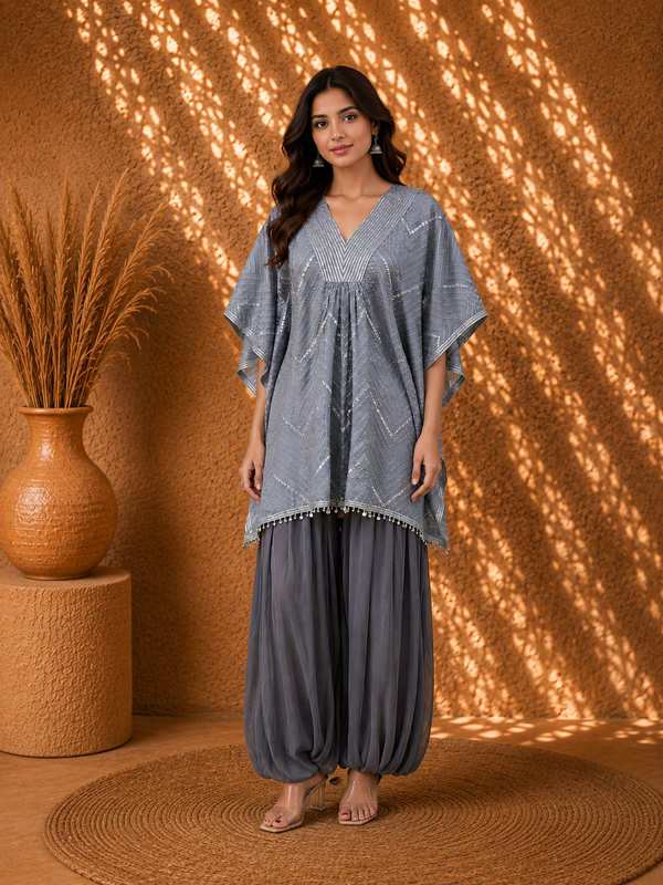 Nooré Silver-Grey Mirror-Embroidered Poncho Top with Satin Turkish Pants