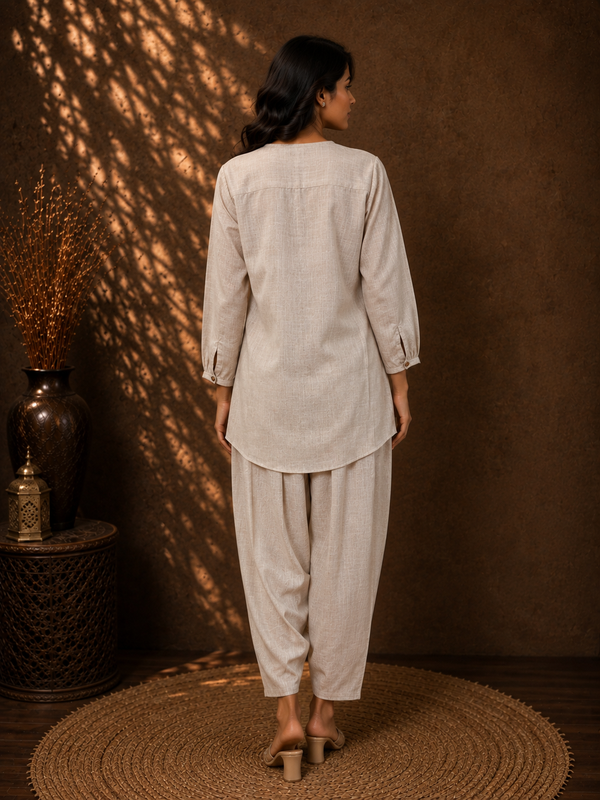 Ivory Fleur Linen Co-ord Set with Hand-Embroidered Floral Appliqué