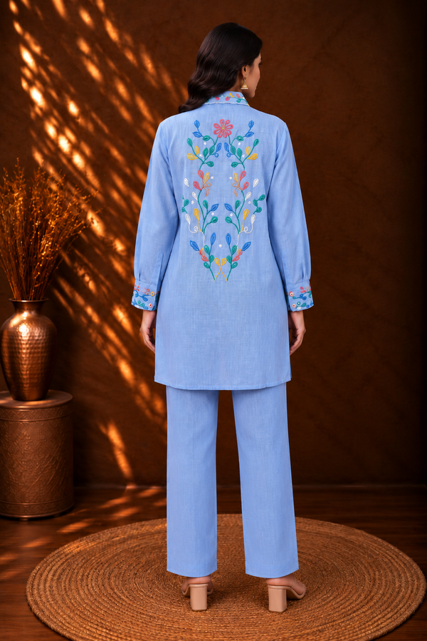 Light Denim Blue Shirt-Style Co-ord Set with Front & Back Thread Embroidery