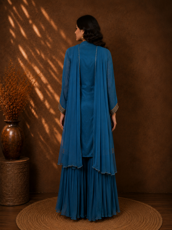 Peacock Blue Satin Palazzo Set with Delicate Antique Zardozi Work