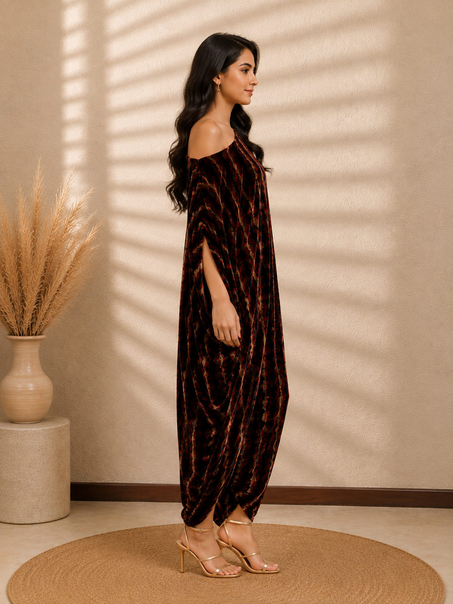 Ajrak Royale Velvet One-Shoulder Turkish Pant Jumpsuit with Draped Cape Silhouet - view 3