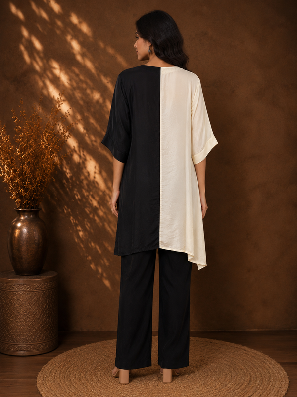 Black & White Color-Block Co-ord Set with Antique Gold Metalwork Embroidery