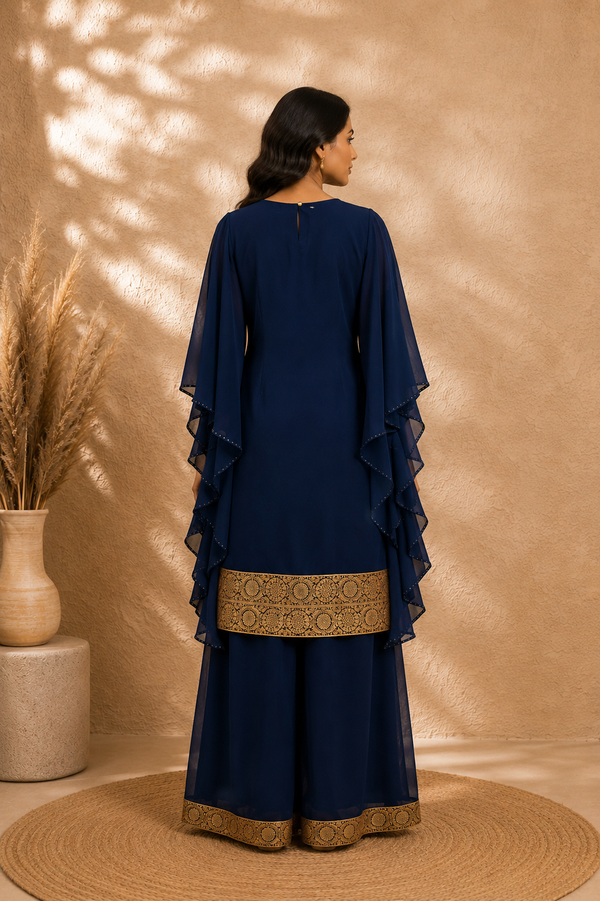 Navy Blue Georgette Indo-Fusion Palazzo Set with Brocade Borders & Voluminous Sleeves