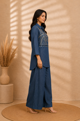 Medium-Wash Indigo Denim Shirt with Antique Rhinestone & Metal Chip Bib Panel - view 3