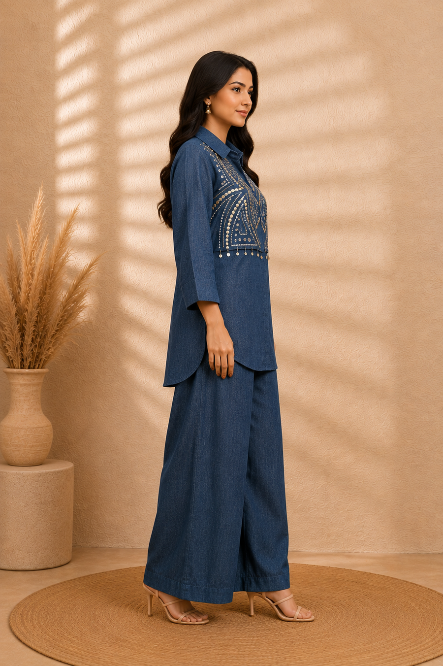 Medium-Wash Indigo Denim Shirt with Antique Rhinestone & Metal Chip Bib Panel - view 3