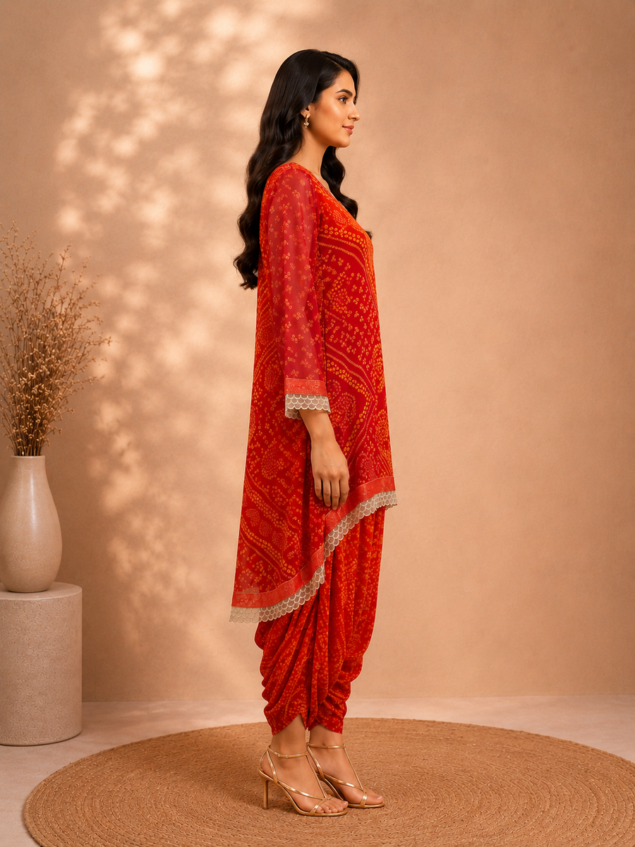 Rangrez Dhara Orange-Red Bandhani Tunic & Dhoti Pant Set with Gold Cutwork Detai - view 3