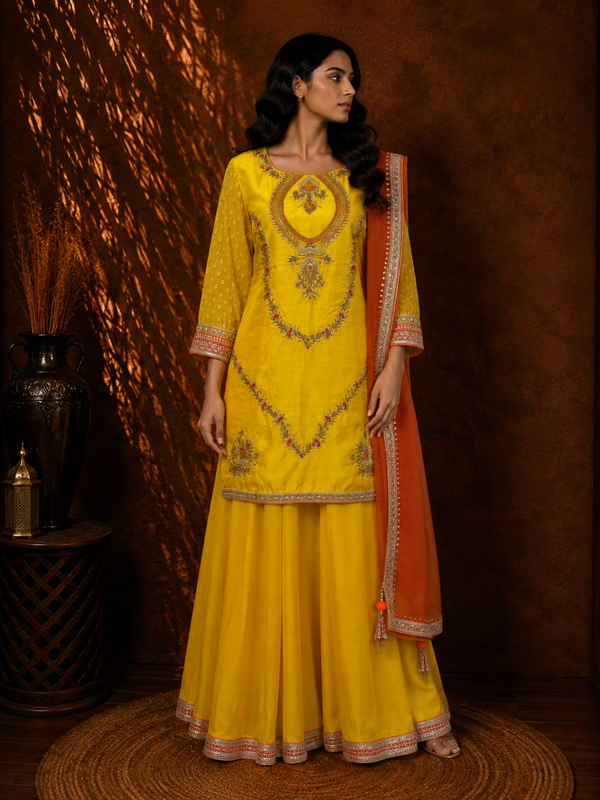 Agni Gul Formal Haldi Yellow Sharara Set with Fully Embroidered Burnt-Flame Organza Dupatta