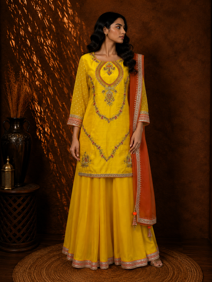 Agni Gul Formal Haldi Yellow Sharara Set with Fully Embroidered Burnt-Flame Organza Dupatta