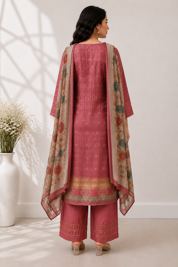 Gulabi Noor Onion Pink Tussore Pakistani Palazzo Set with Delicate Mirror-Embroidered Motifs & Block Print