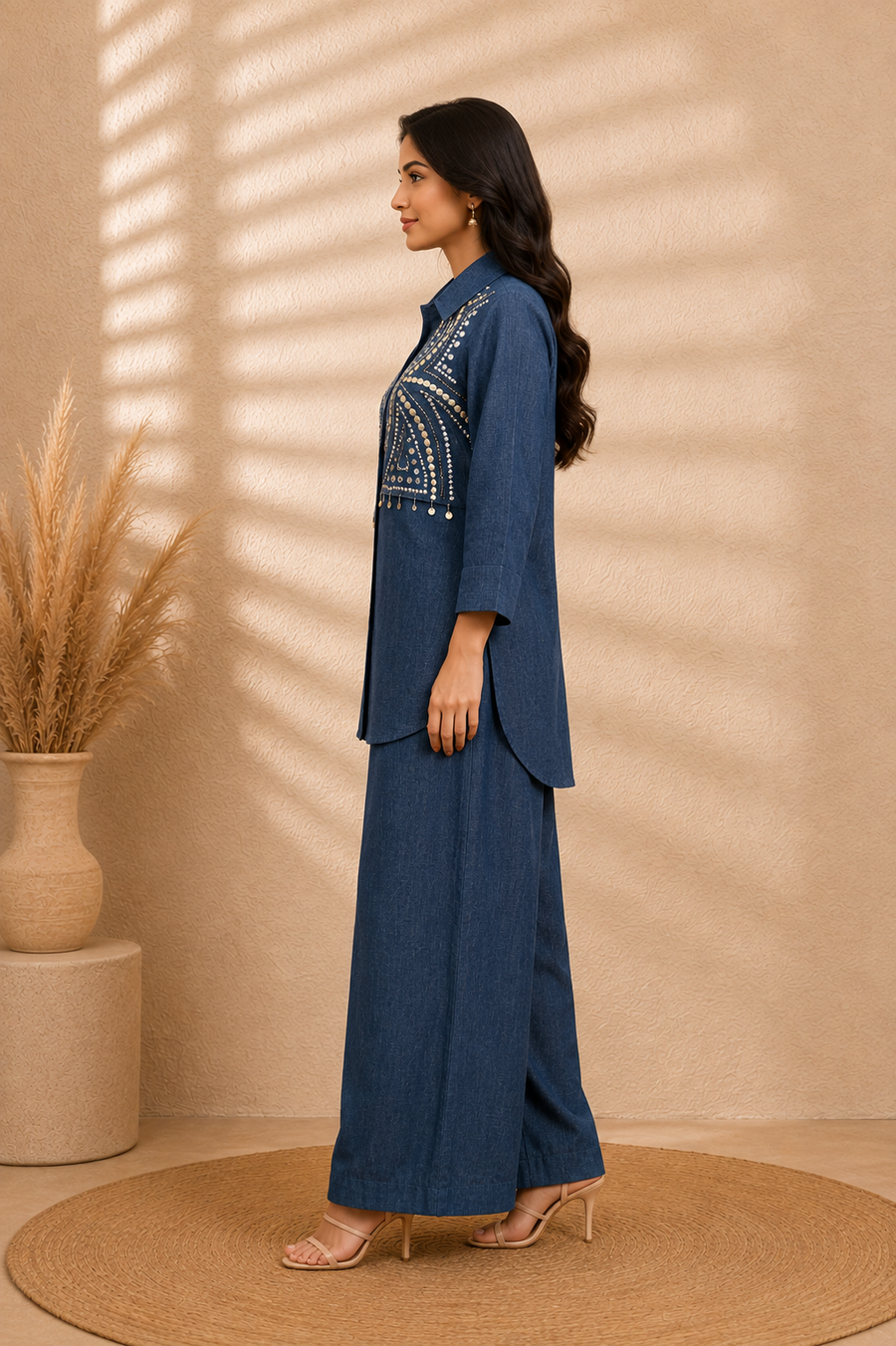 Medium-Wash Indigo Denim Shirt with Antique Rhinestone & Metal Chip Bib Panel - view 2