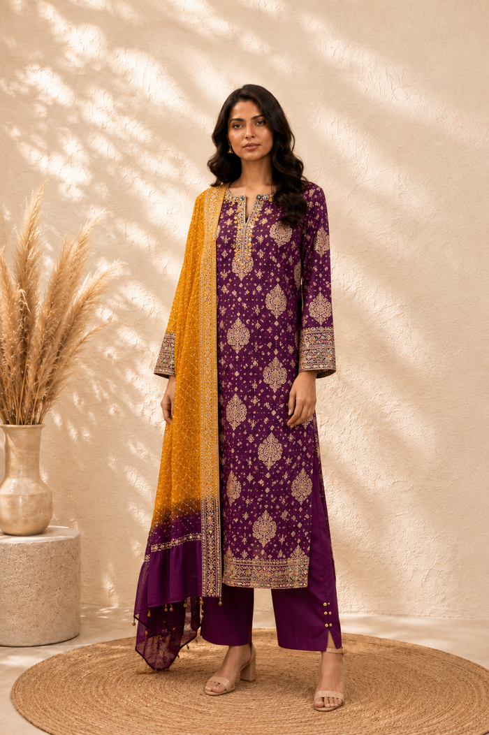 Woven Banarasi Plum Bandhani Kurta Palazzo Set with Chrome Yellow Silk Bandhani Dupatta