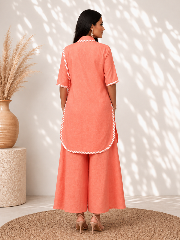 Coral Élan Vibrant Coral-Peach Linen Fusion Co-ord Set with Coral & White Striped Trimmings