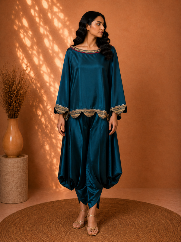 Deep Peacock Blue Satin Fusion Off-Shoulder Crop Top with Scalloped Border & Turkish Pants