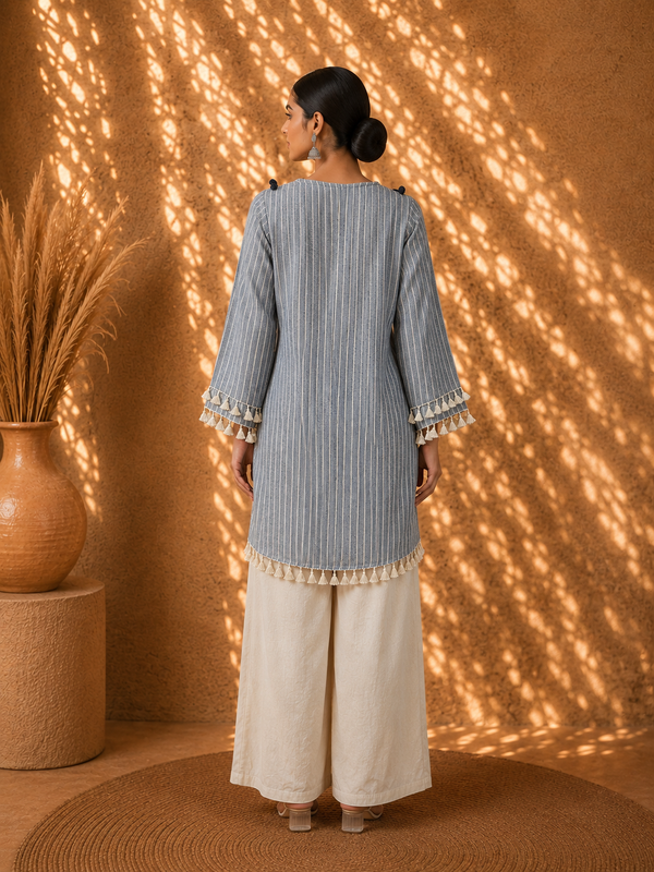 Jute Boheme Striped Linen Kurta with Bohemian Appliqué Embroidery & Linen Pants