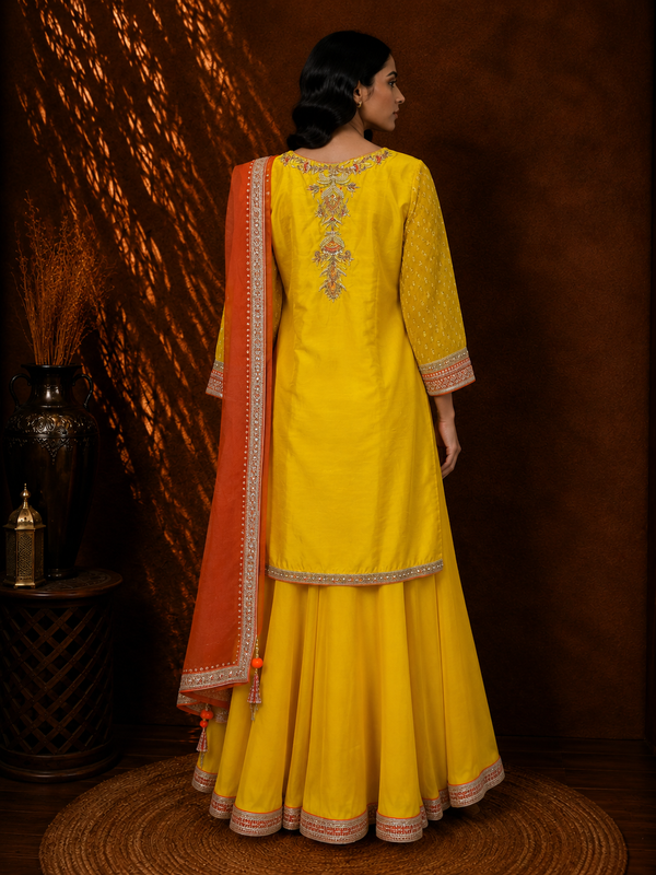 Agni Gul Formal Haldi Yellow Sharara Set with Fully Embroidered Burnt-Flame Organza Dupatta