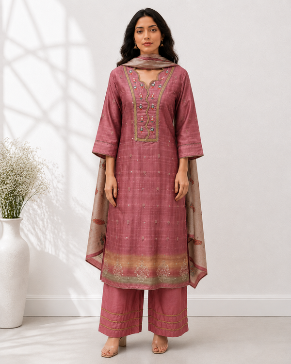 Gulabi Noor Onion Pink Tussore Pakistani Palazzo Set with Delicate Mirror-Embroidered Motifs & Block Print