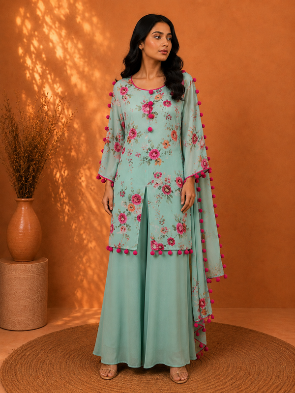 Pistachio Floral Printed Palazzo Set with Coral Gota Detailing & Wide-Leg Palazzos
