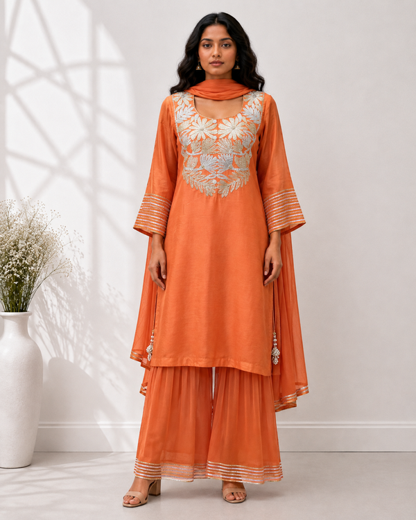 Burnt Orange Muslin Palazzo Set with Silver & Gold Flat Gota Work