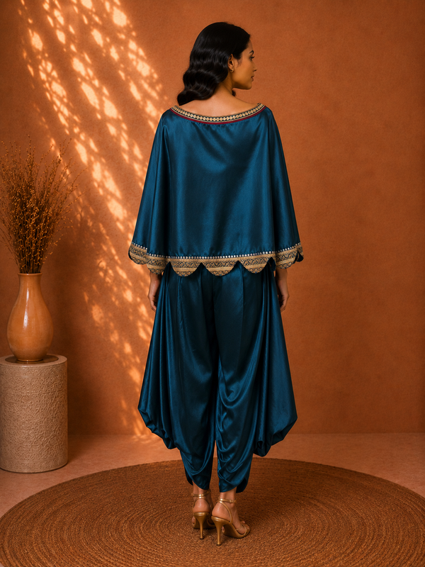 Deep Peacock Blue Satin Fusion Off-Shoulder Crop Top with Scalloped Border & Turkish Pants