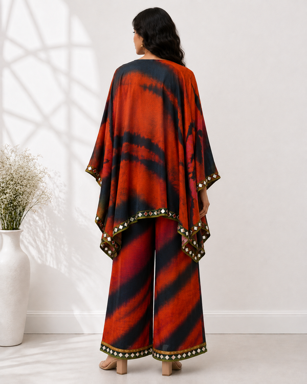 Tie-Dye Digital Print Poncho-Cut Co-ord Set with Mirror-Embroidered Edging