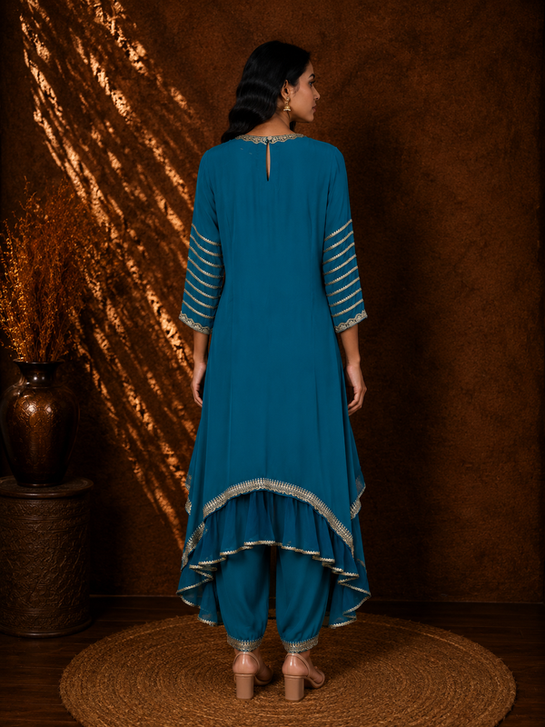 Deep Peacock Blue Asymmetrical Kurta with Gold Embroidered Borders & Turkish Pants