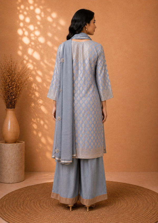 Noor Zari Silver-Grey Brocade Kurta Palazzo Set with Delicate Embroidery