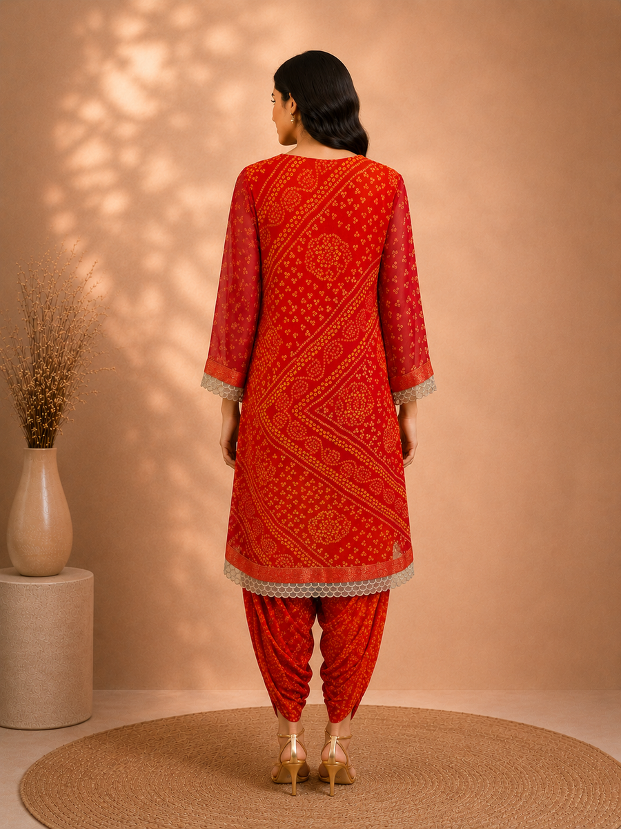 Rangrez Dhara Orange-Red Bandhani Tunic & Dhoti Pant Set with Gold Cutwork Detai - view 2