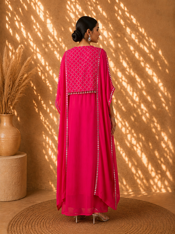 Gulabi Noor Hot Pink Georgette Fusion Palazzo Set with Cape Jacket & Mirror Work Bustier
