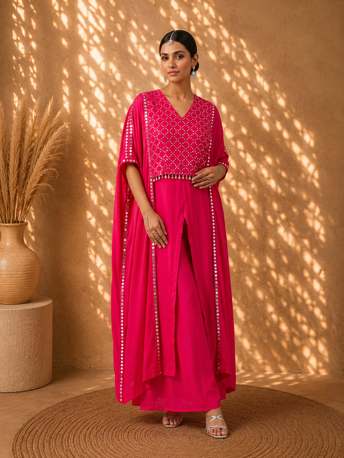 Gulabi Noor Hot Pink Georgette Fusion Palazzo Set with Cape Jacket & Mirror Work Bustier