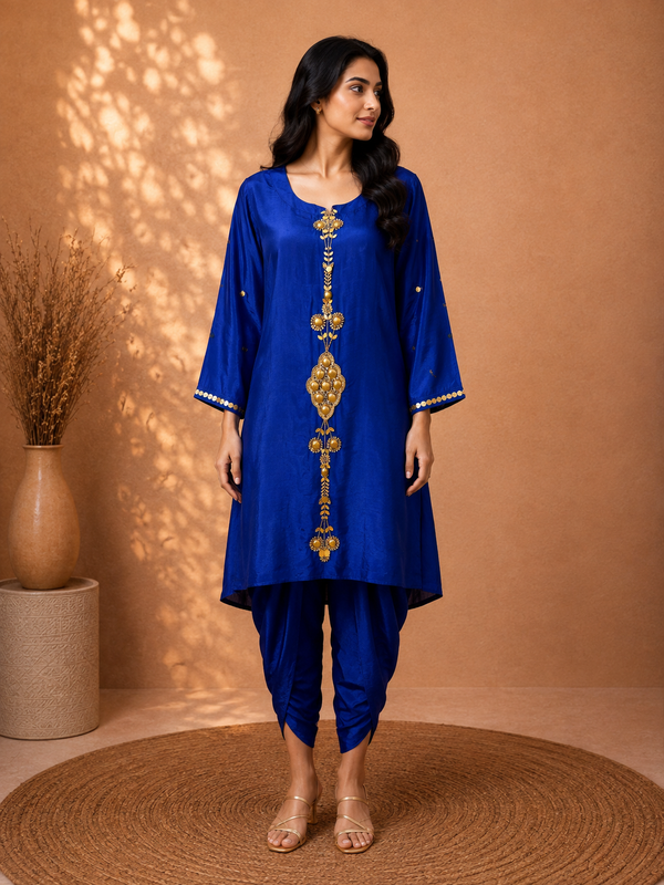 Neel Sona Royal Blue Crepe Dhoti Pant Set with Antique Gold Metallic Embroidery